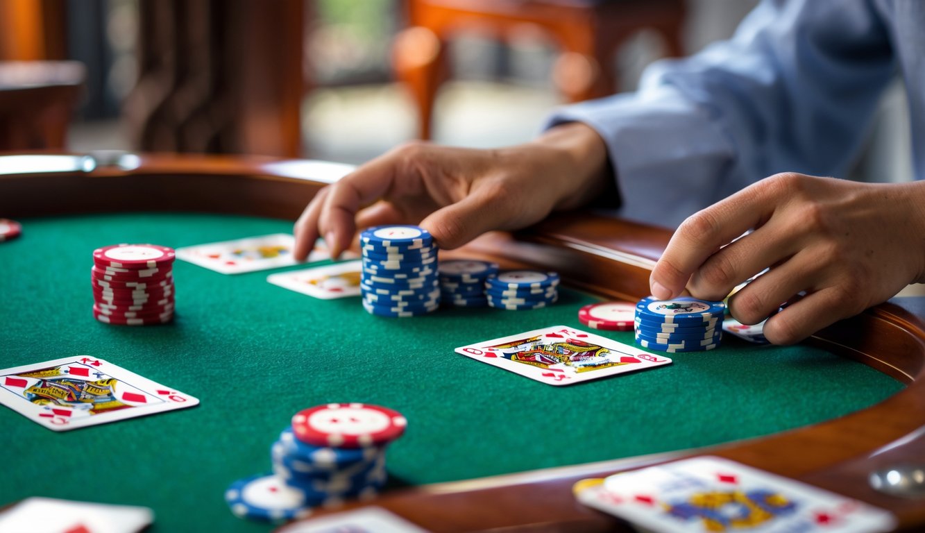 Tangan sedang bermain Judi Ceme dengan kartu dan chip warna-warni di atas meja hijau.