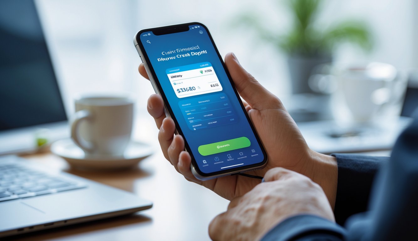 Tangan seseorang memegang ponsel yang menampilkan aplikasi dompet digital untuk transaksi deposit pulsa, dengan latar belakang kantor modern yang samar.