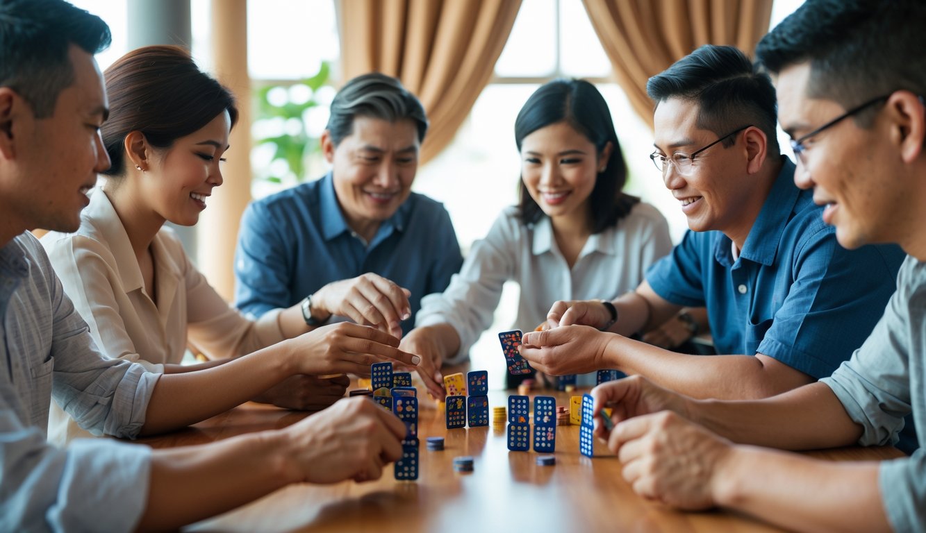 Sekelompok orang bermain kartu Ceme di meja dalam ruangan dengan pencahayaan hangat.