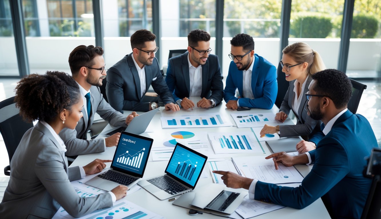 Sekelompok profesional bisnis sedang berdiskusi dan merencanakan strategi di ruang kantor modern dengan meja konferensi dan perangkat kerja.