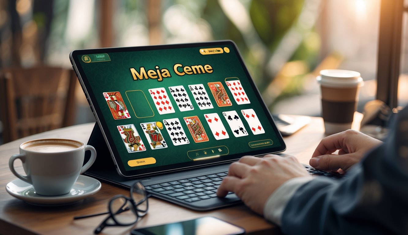 Sebuah tablet menampilkan permainan kartu Meja Ceme online di atas meja kayu dengan secangkir kopi dan ponsel di sampingnya.