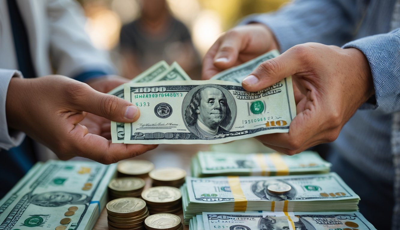 Tangan yang sedang bertukar uang asli dalam suasana transaksi keuangan.