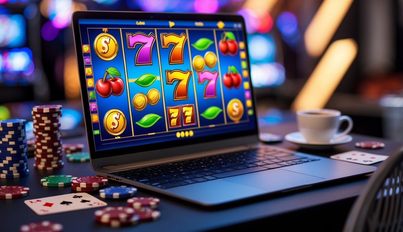 Sebuah layar komputer menampilkan permainan slot online dengan simbol warna-warni dan beberapa chip poker di meja.