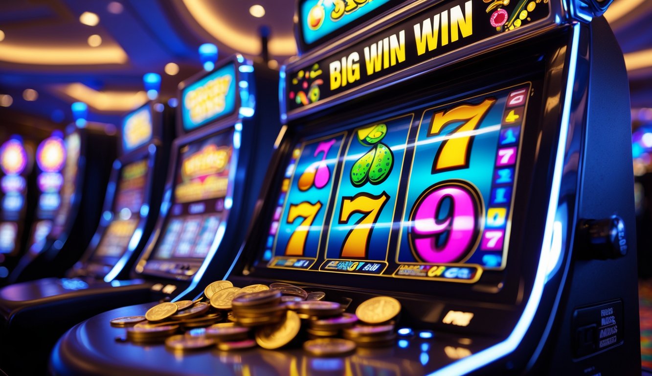 Mesin slot di kasino modern dengan lampu berwarna cerah dan koin yang keluar sebagai tanda kemenangan besar hari ini.
