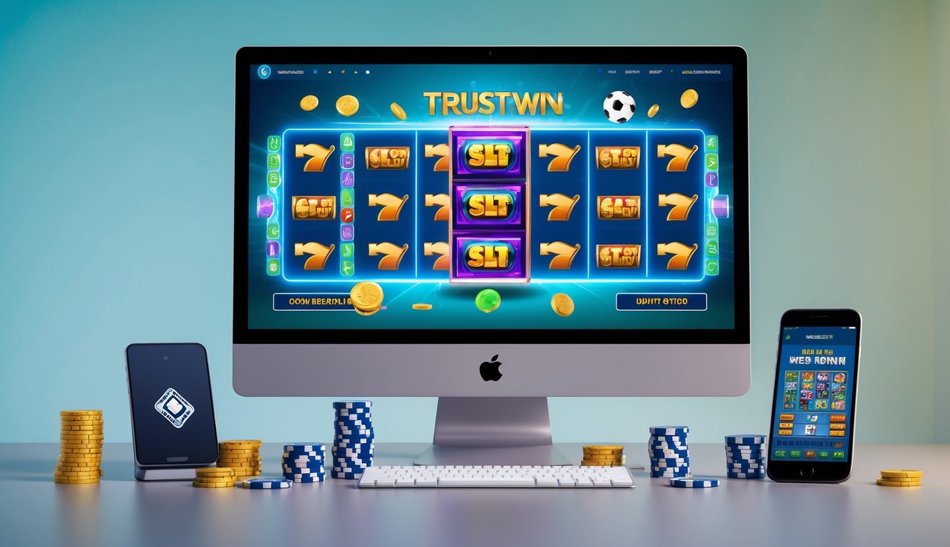 Sebuah ruang kerja modern dengan komputer menampilkan permainan slot online dan elemen terkait perjudian digital.