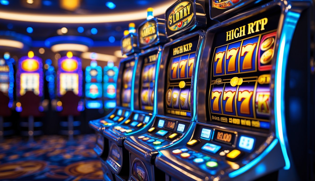 Mesin slot modern di kasino dengan simbol kemenangan yang berwarna cerah dan latar belakang kasino yang mewah.