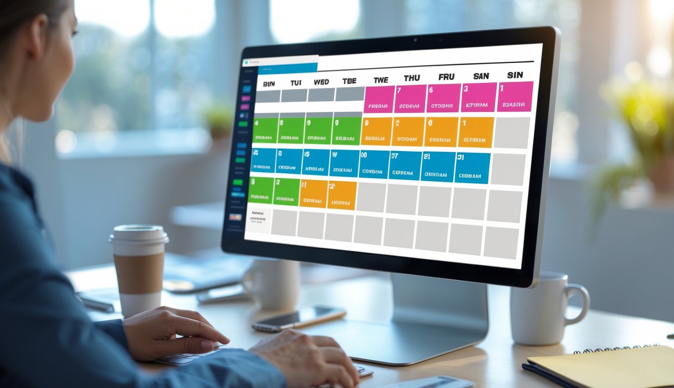 Sebuah ruang kantor modern dengan layar komputer yang menampilkan kalender digital dengan slot waktu yang disorot, di sekitar meja terdapat cangkir kopi, ponsel, dan buku catatan.