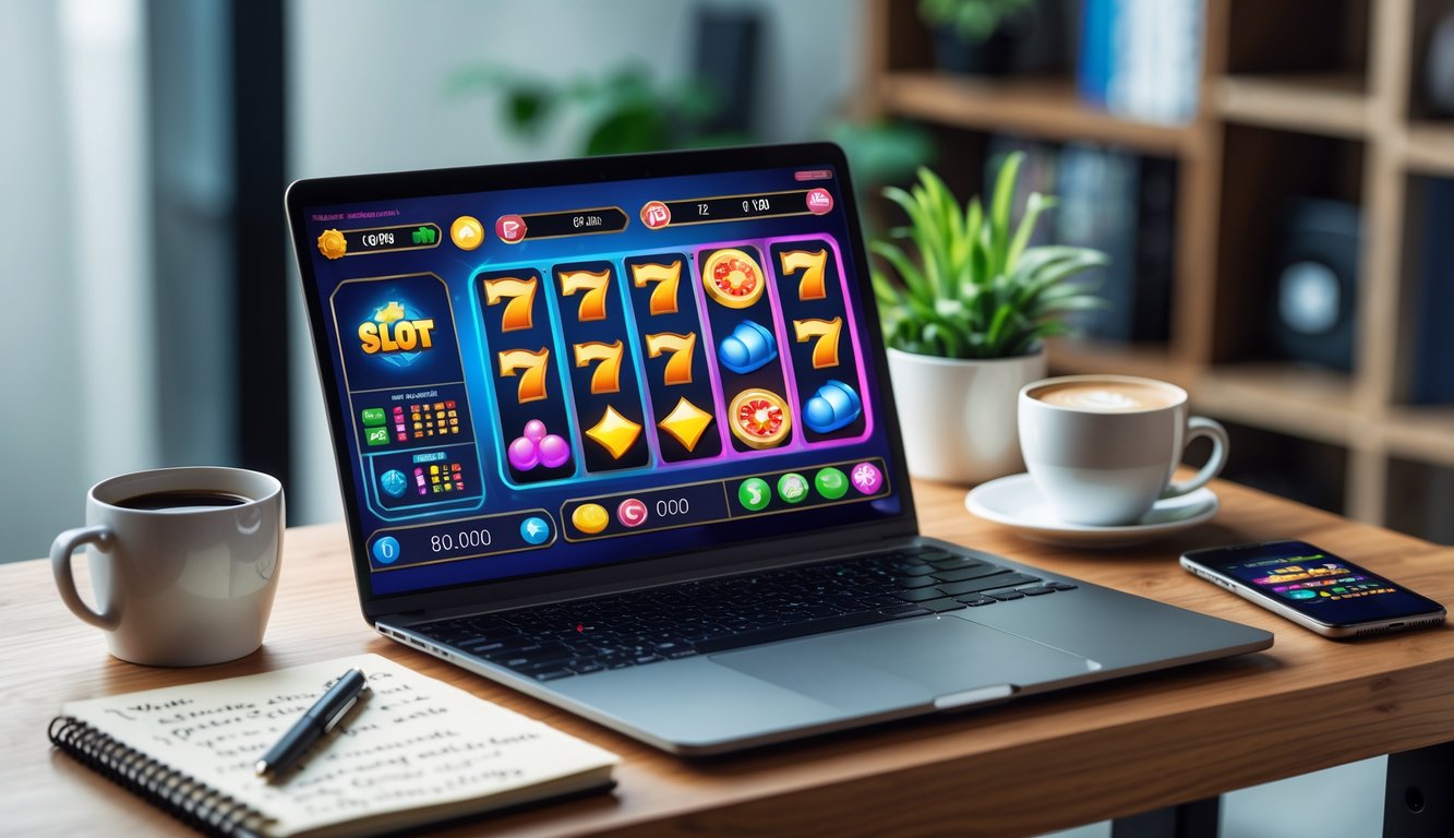 Seorang pria duduk di meja kerja dengan laptop yang menampilkan permainan slot online, di sampingnya terdapat buku catatan, pena, dan cangkir kopi.