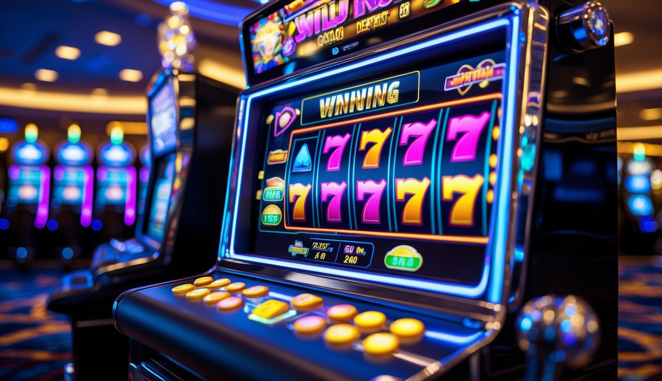 Mesin slot modern dengan simbol kemenangan yang menyala di kasino mewah.