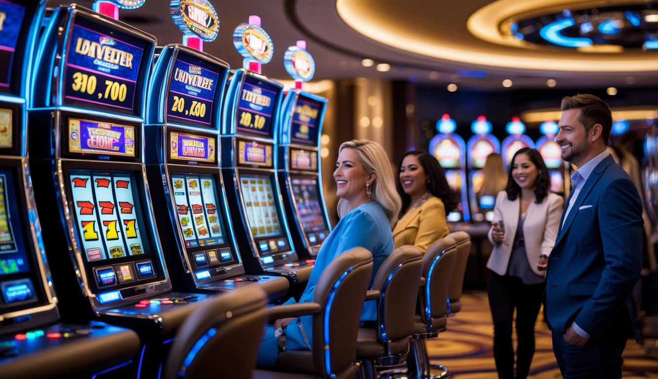 Area mesin slot modern dengan orang-orang yang sedang bermain dan suasana kasino yang mewah.