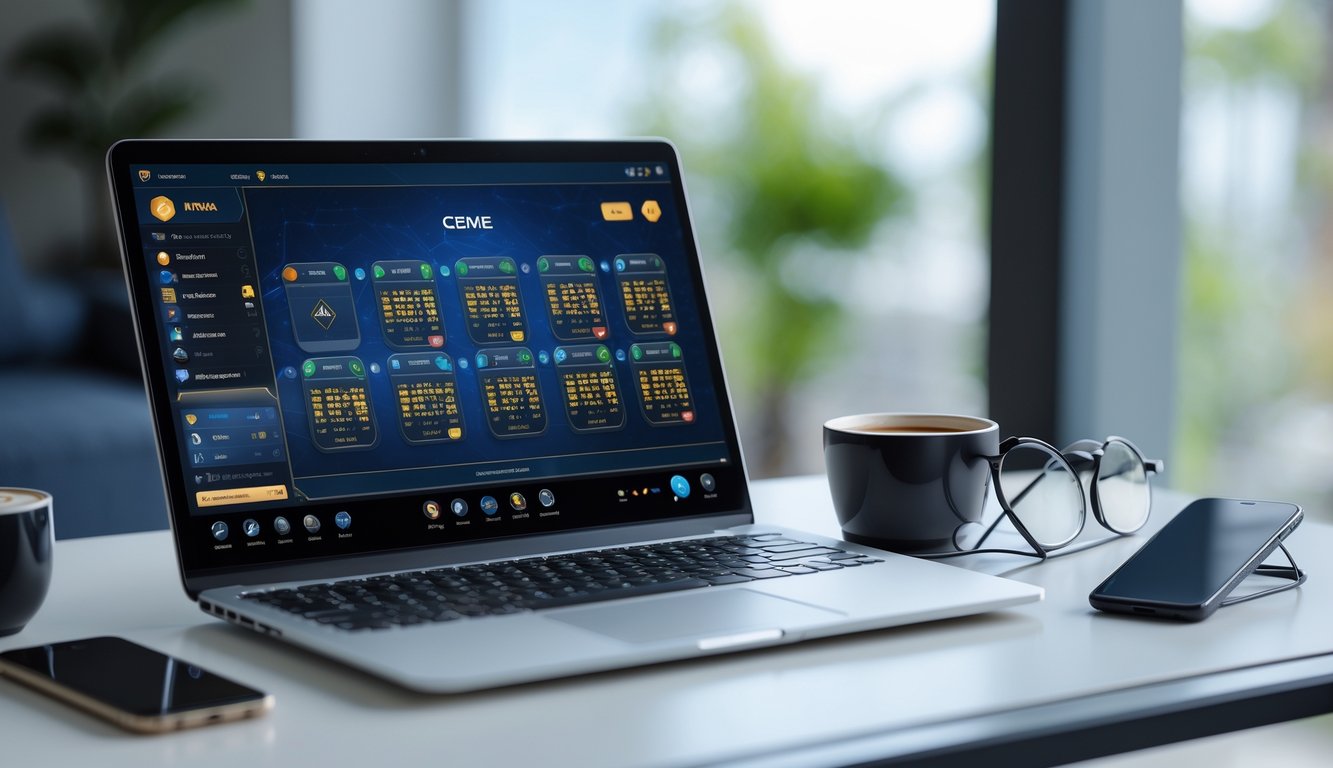 Meja kerja modern dengan laptop yang menampilkan permainan kartu online, secangkir kopi, ponsel, dan kacamata di atas meja.