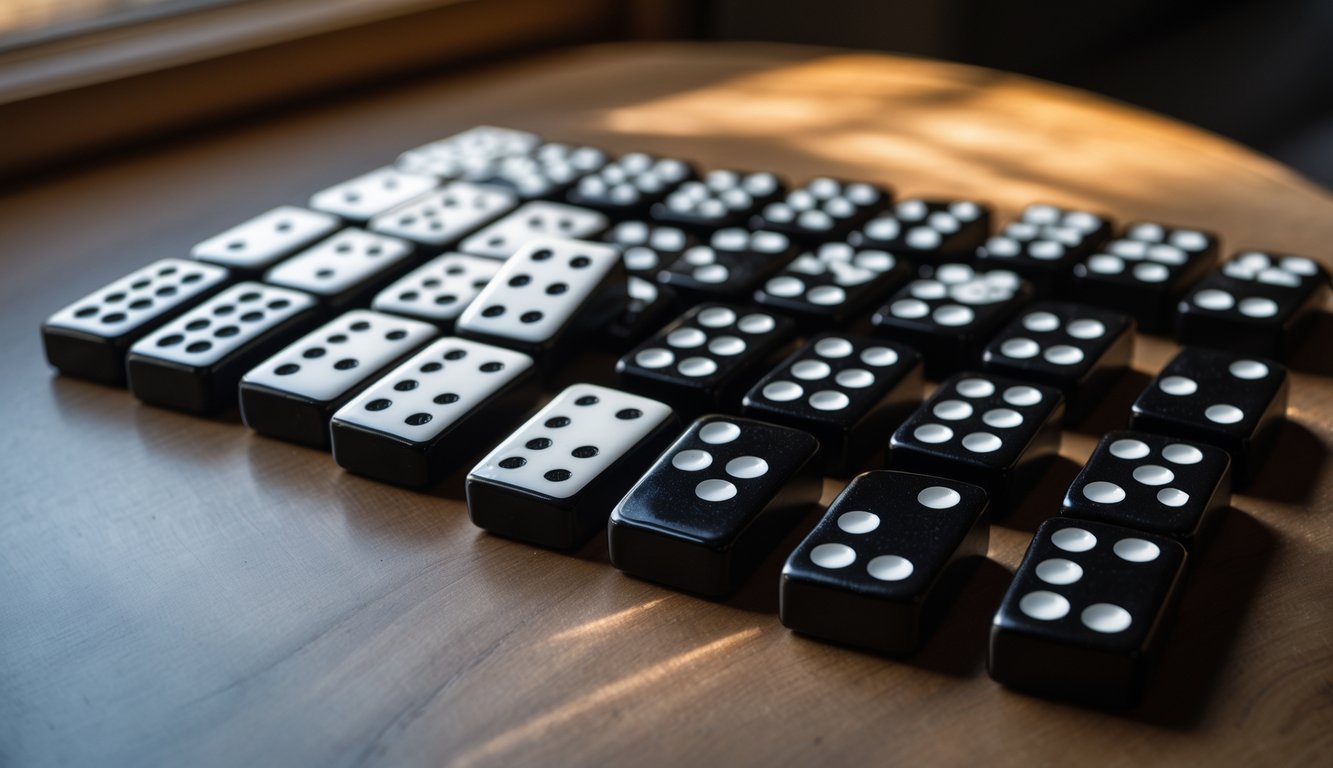 Foto close-up beberapa buah domino hitam putih yang tersusun rapi di atas permukaan kayu.
