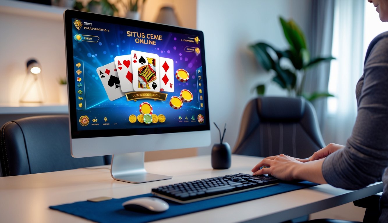 Seseorang sedang bermain permainan kartu online di komputer di ruang kerja yang rapi dan terang.