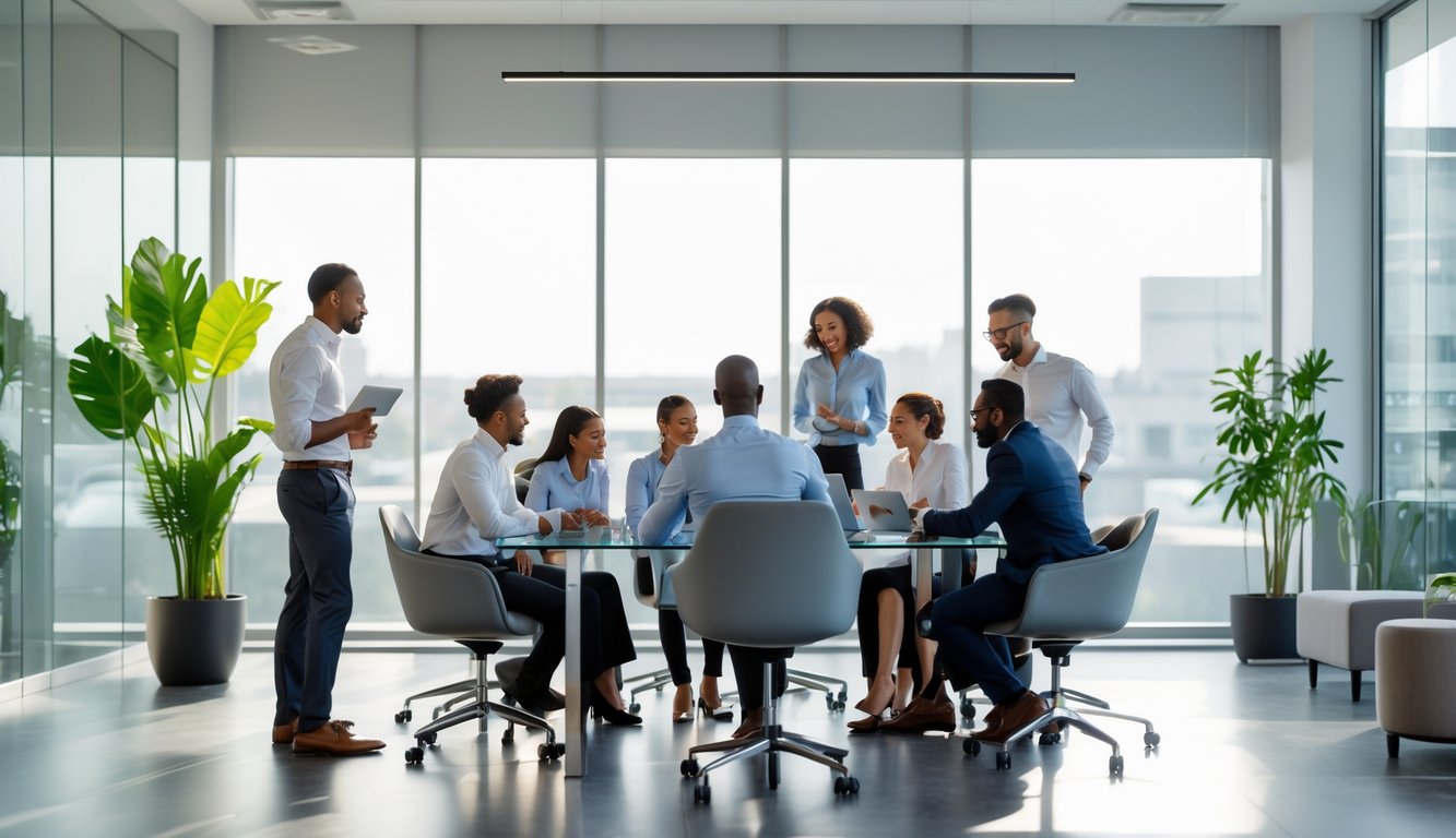 Sekelompok profesional bisnis sedang berdiskusi di ruang kantor modern dengan pencahayaan alami dan perabotan minimalis.
