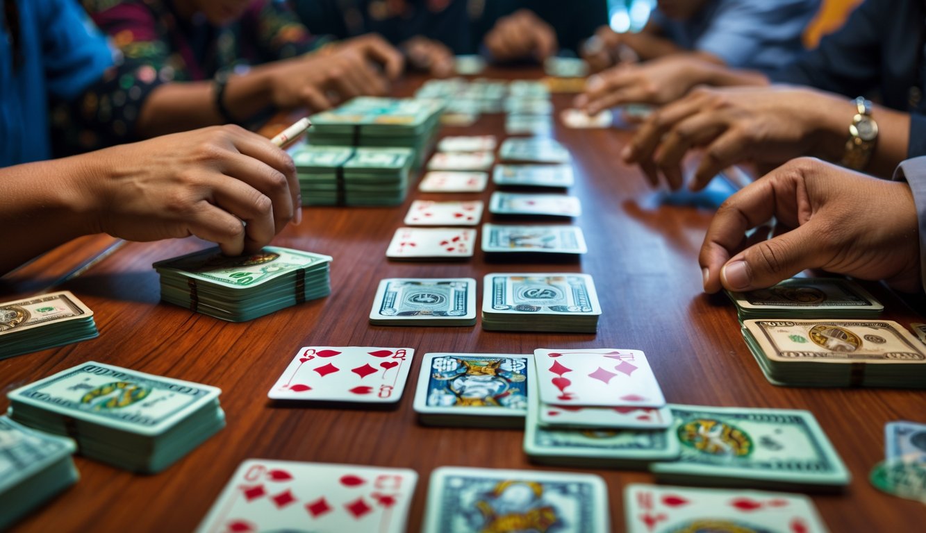 Meja permainan kartu dengan uang rupiah dan tangan pemain yang sedang bermain.