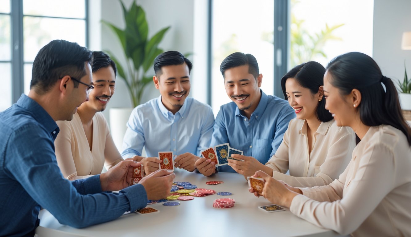 Sekelompok orang dewasa sedang bermain kartu Ceme di meja dalam ruangan terang.