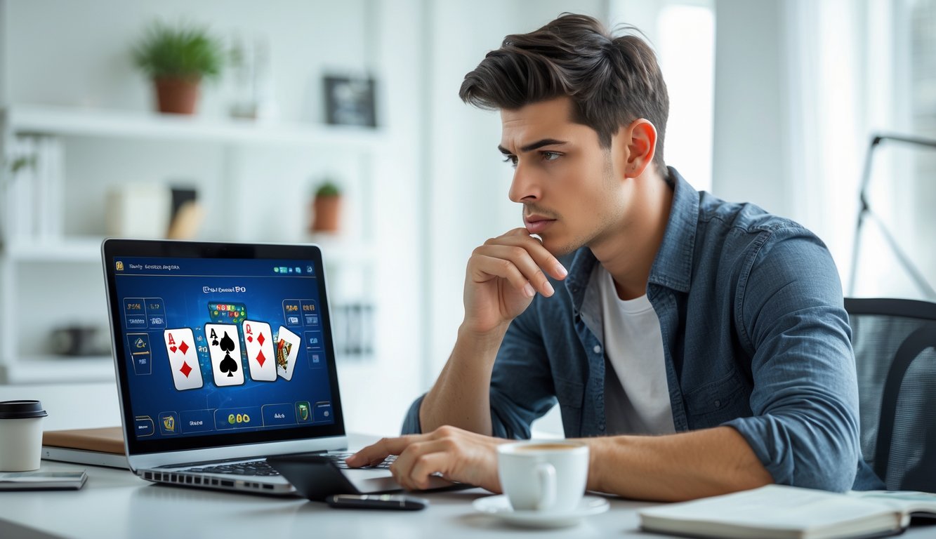 Seorang pria muda duduk di meja dengan laptop, fokus bermain permainan kartu online di ruang kerja yang terang dan rapi.