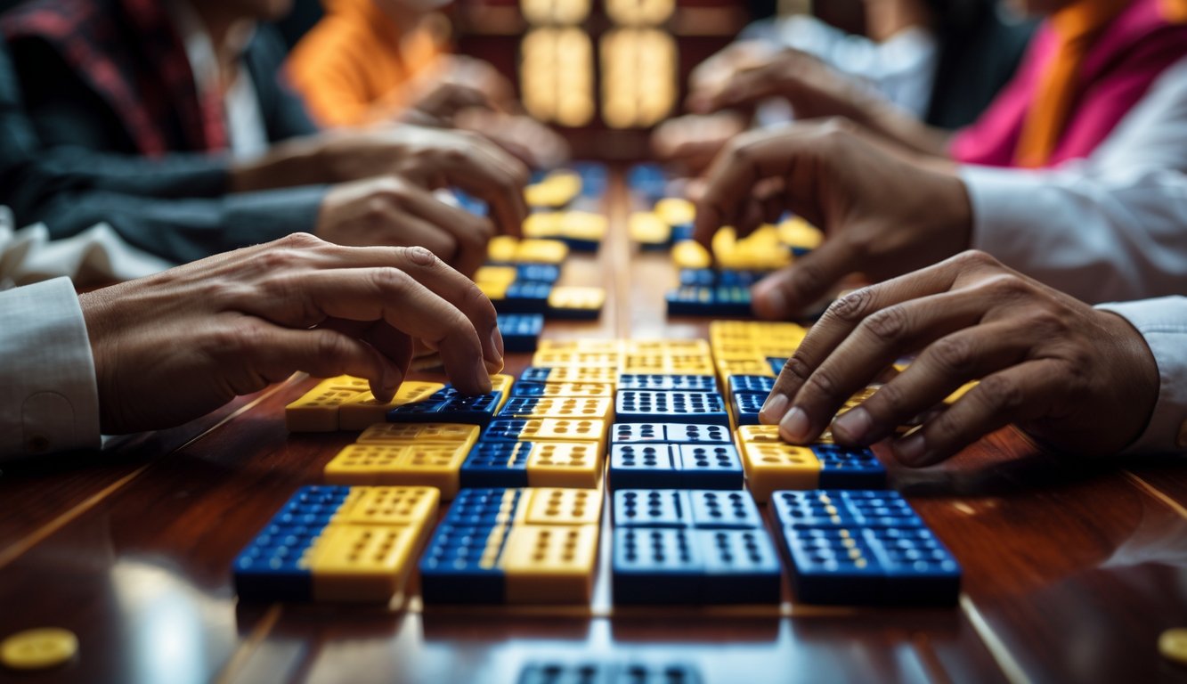 Meja permainan Ceme Taruhan dengan domino dan tangan pemain yang sedang bertaruh.