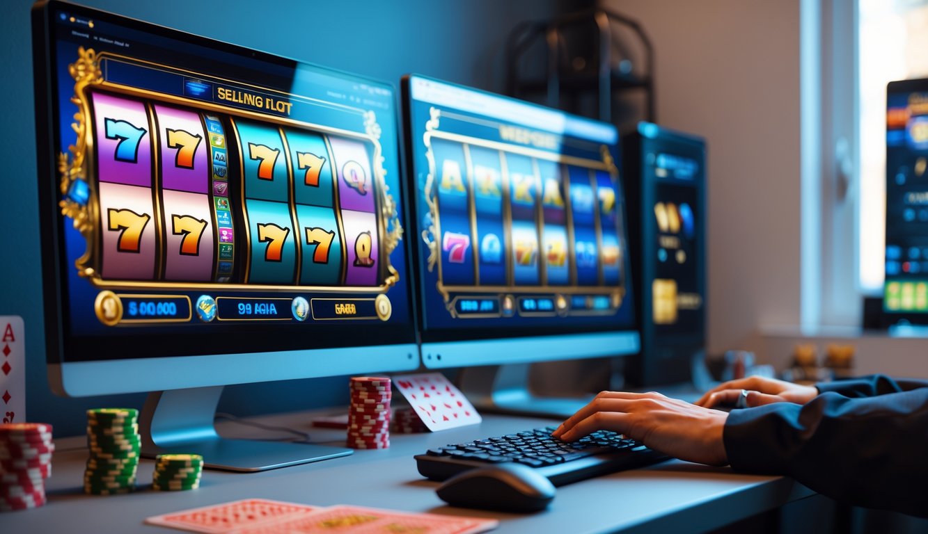 Seseorang sedang bermain mesin slot online di ruang kerja modern dengan beberapa layar komputer yang menampilkan permainan slot berwarna-warni.