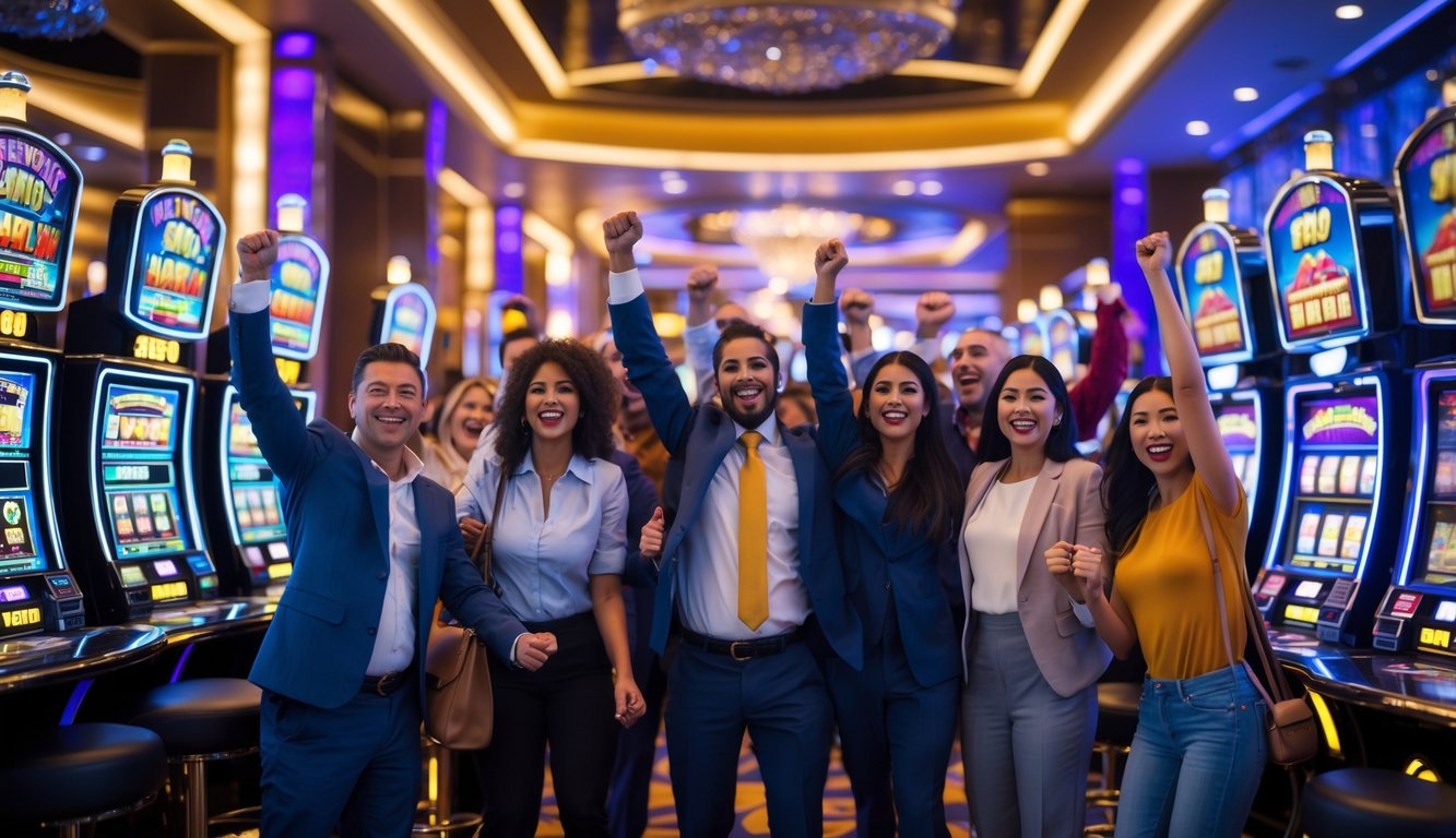 Beberapa orang yang bahagia merayakan kemenangan di depan mesin slot di dalam kasino yang terang dan mewah.