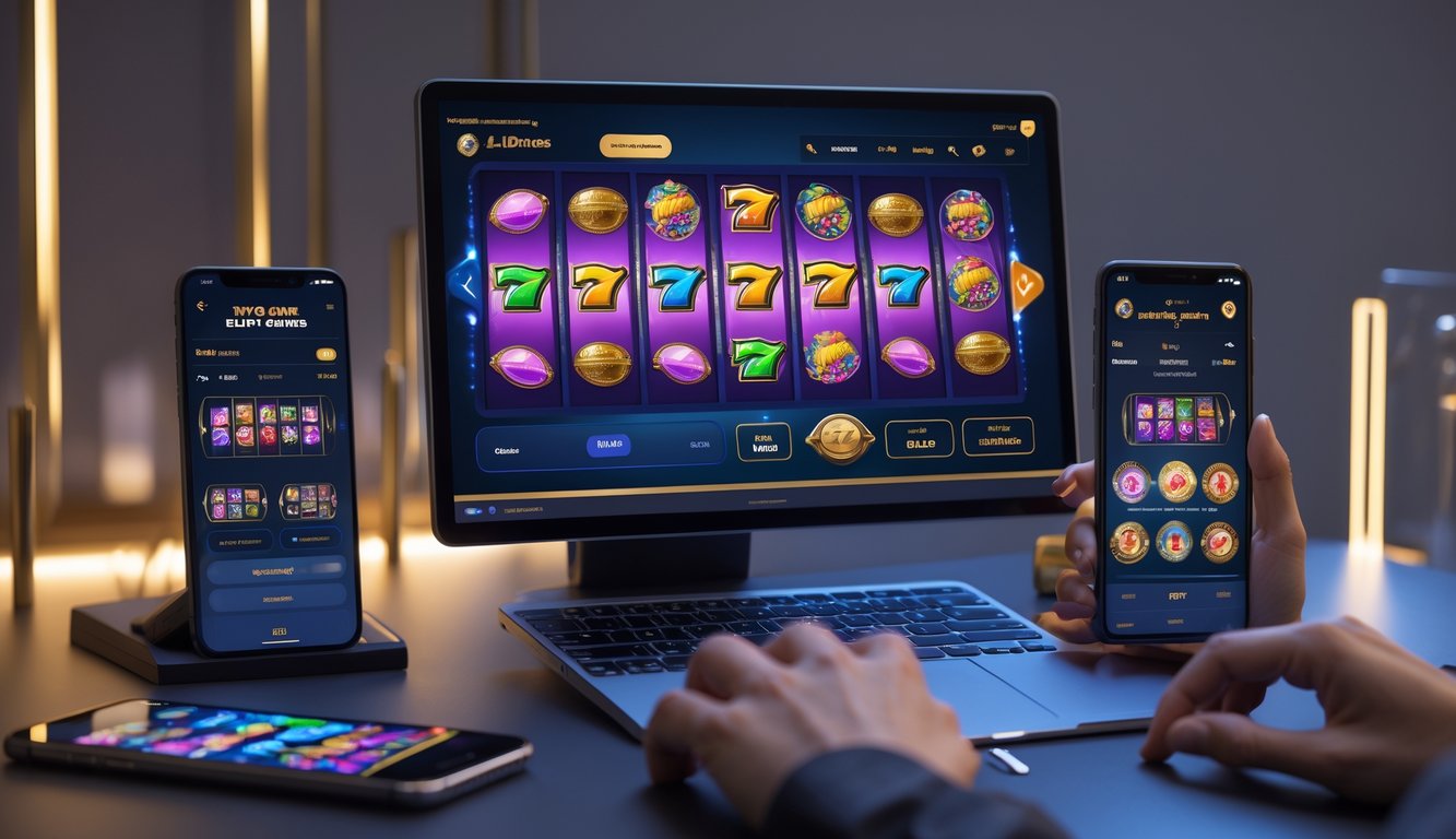 Seseorang menggunakan laptop dan ponsel untuk bermain permainan slot online dengan latar belakang yang bersih dan pencahayaan lembut.
