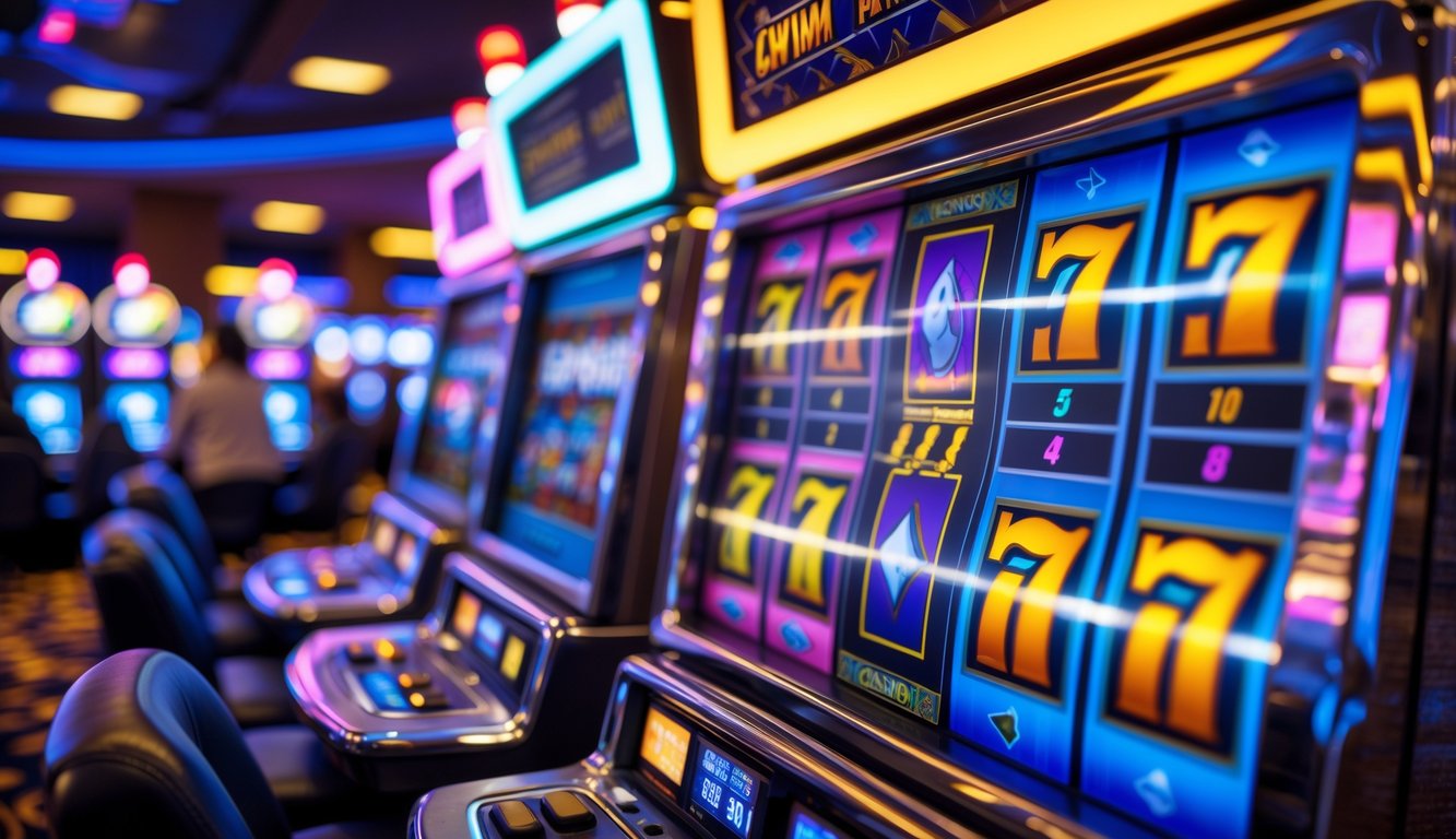 Mesin slot modern berwarna cerah di dalam kasino dengan latar belakang suasana ramai.