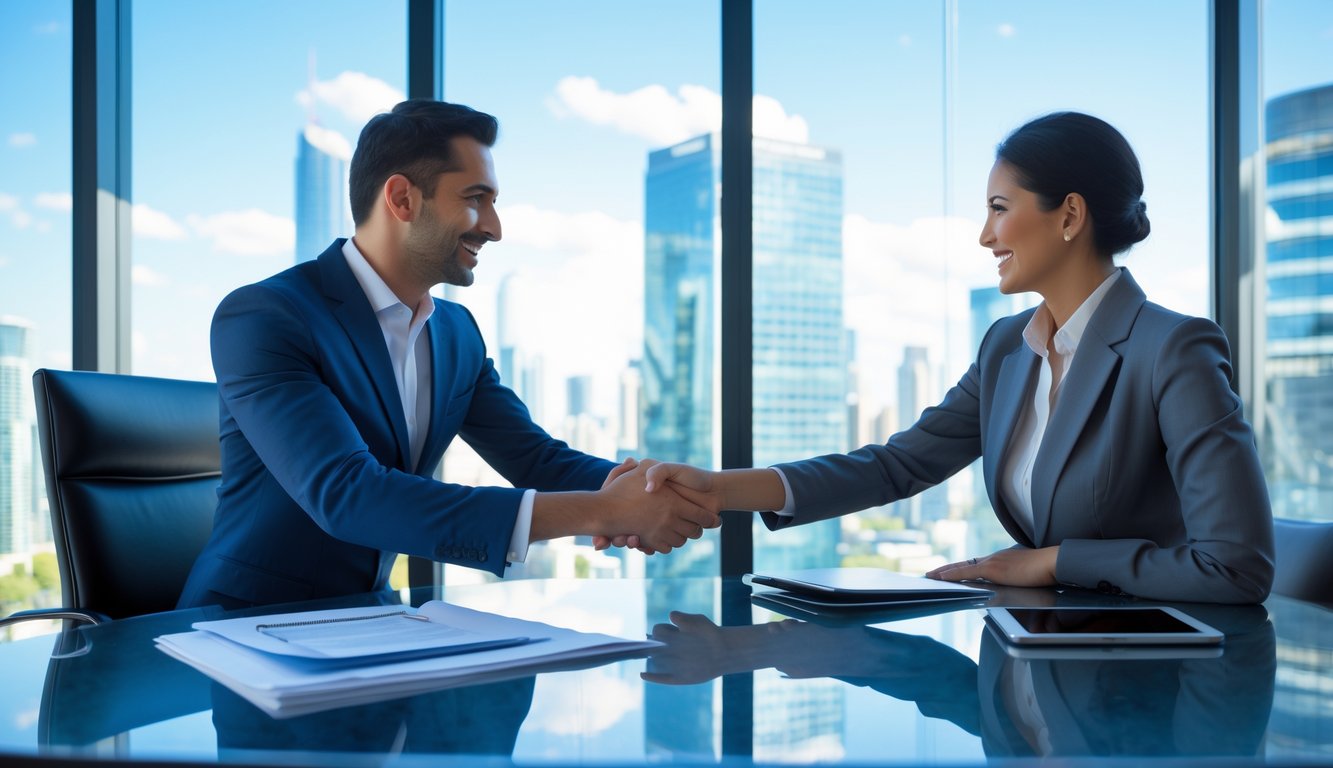 Seseorang berjabat tangan dengan klien di kantor modern dengan pemandangan kota di latar belakang.