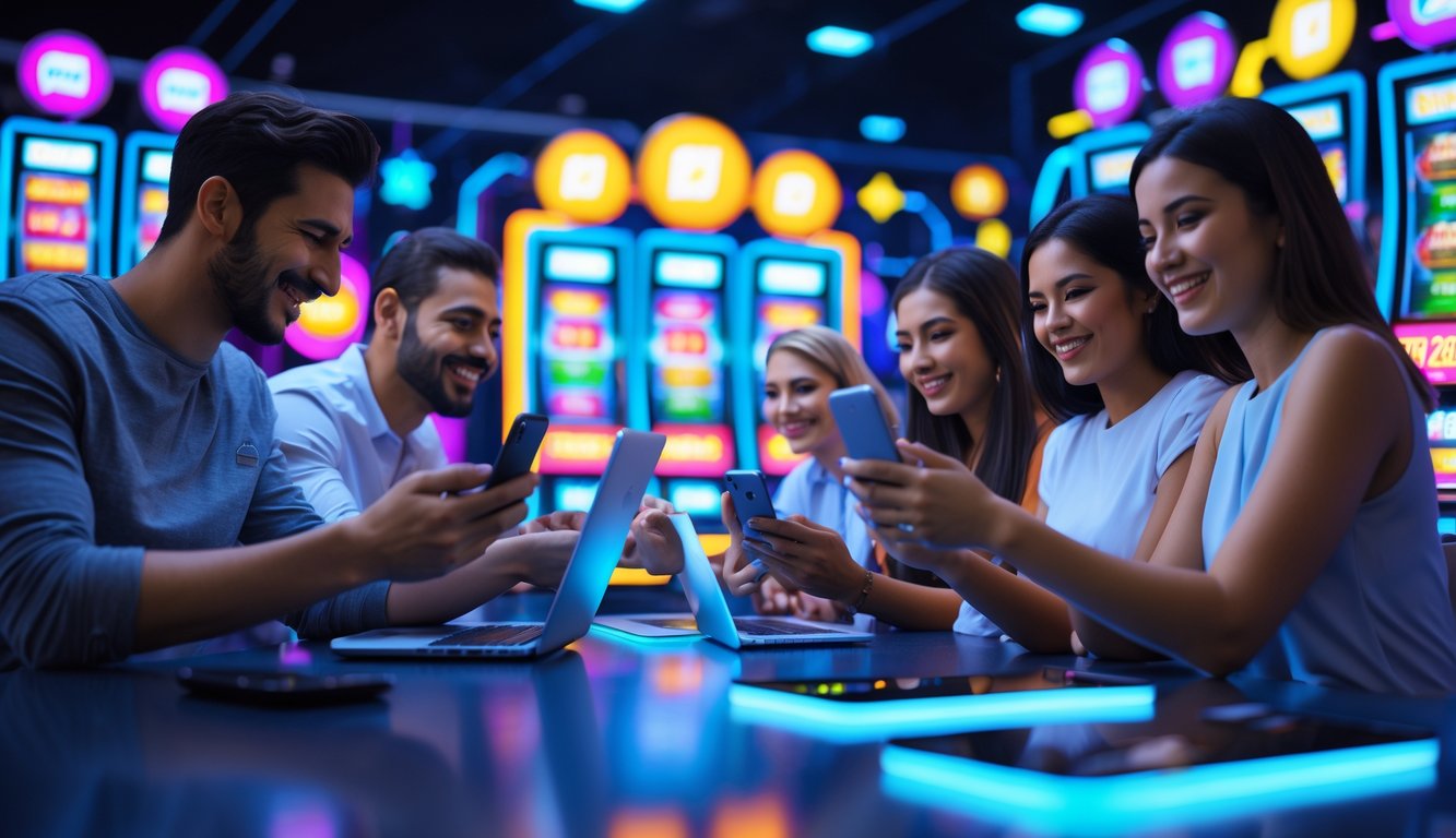 Orang-orang menggunakan ponsel dan laptop untuk bermain permainan slot online dengan latar belakang grafis mesin slot dan ikon pembayaran pulsa.