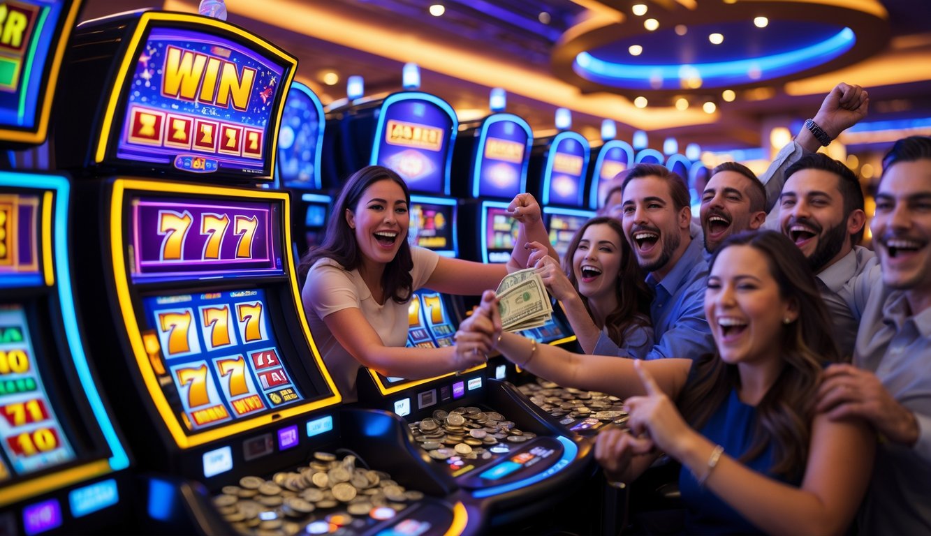Area mesin slot di kasino dengan orang-orang yang sedang merayakan kemenangan besar.