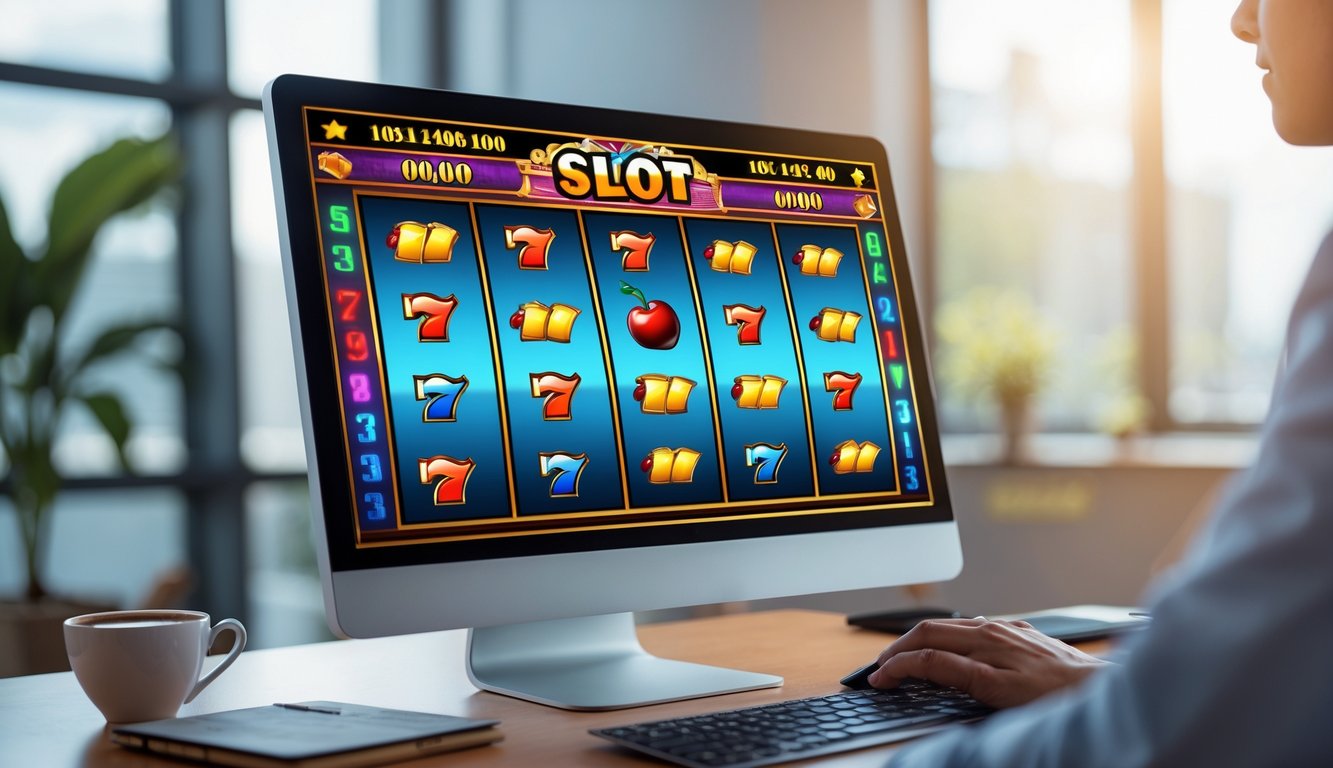 Layar komputer menampilkan mesin slot online dengan simbol warna-warni, tangan siap mengoperasikan mouse di meja kerja.