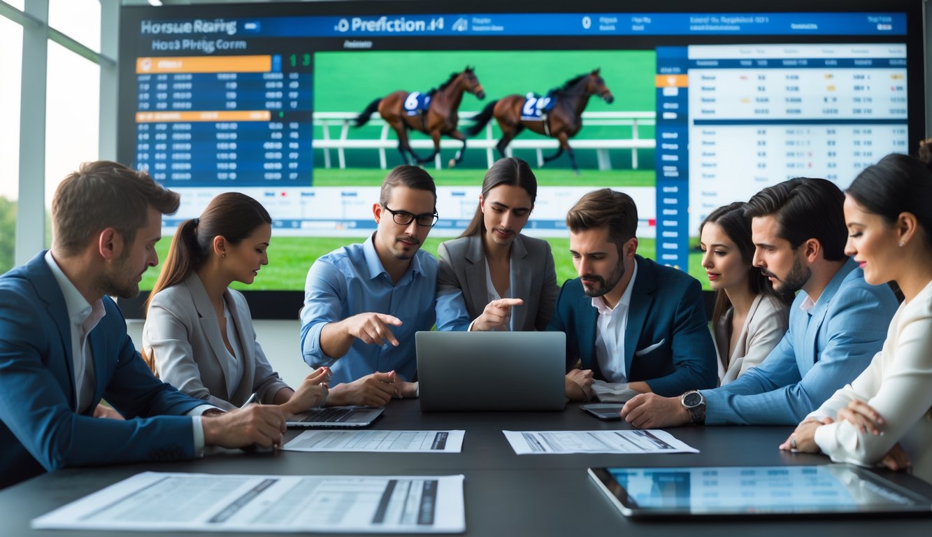 Sekelompok orang sedang menganalisis data dan statistik balap kuda di depan layar digital besar.