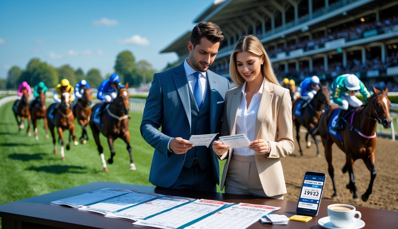 Seorang pria dan wanita sedang memeriksa tiket taruhan di arena pacuan kuda dengan kuda dan joki berlomba di latar belakang.