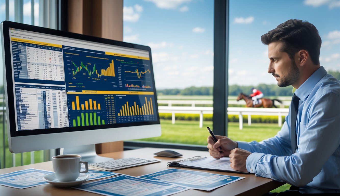 Seorang analis sedang memeriksa data pacuan kuda di depan komputer dengan latar belakang trek pacuan kuda dan kuda yang sedang berlari.