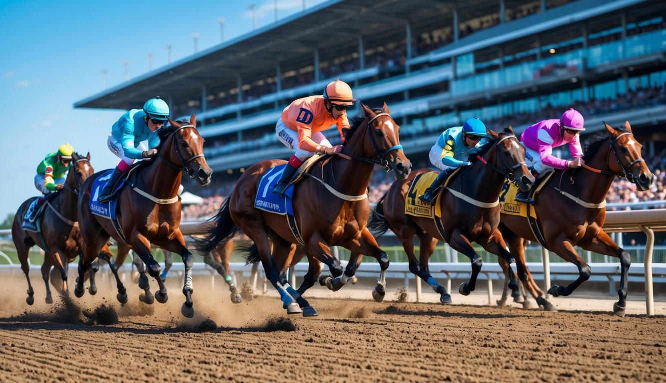 Beberapa kuda pacuan dengan joki sedang berlari cepat di lintasan balap dengan penonton di tribun belakang.