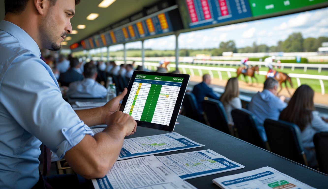 Seorang pria sedang mempelajari peluang taruhan kuda di arena pacuan kuda dengan latar belakang kuda yang sedang berlomba dan penonton.