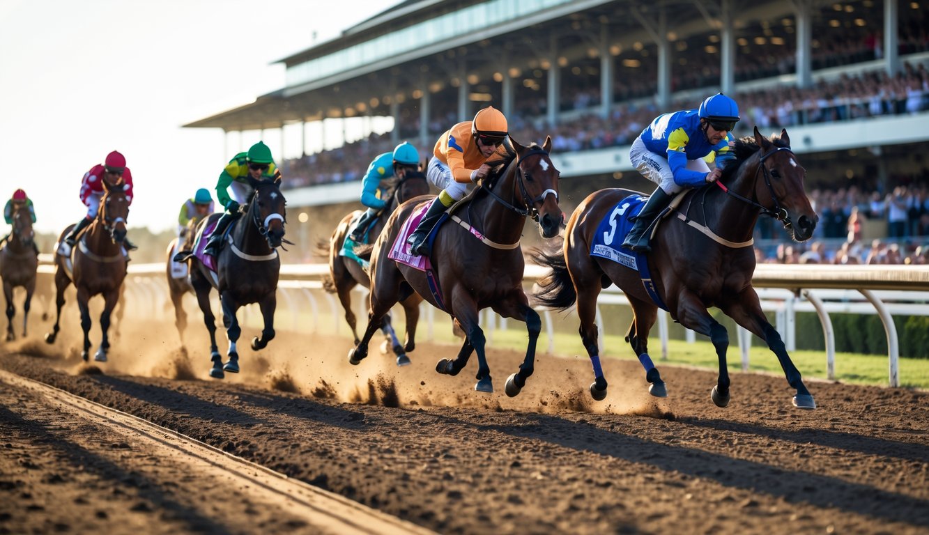 Beberapa kuda pacu dengan joki berwarna-warni sedang berlari menuju garis finis di lintasan balap kuda dengan penonton di latar belakang.