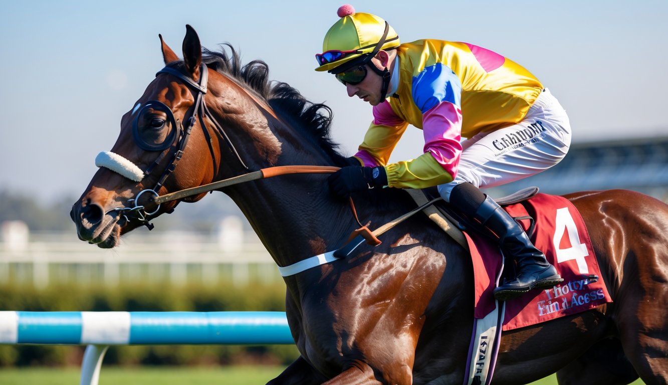 Seorang joki menunggang kuda unggulan sedang berlari di lintasan pacuan kuda.