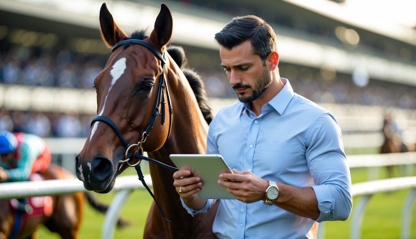 Seorang pria berdiri di samping kuda pacu di arena balap sambil memegang slip taruhan dan tablet.