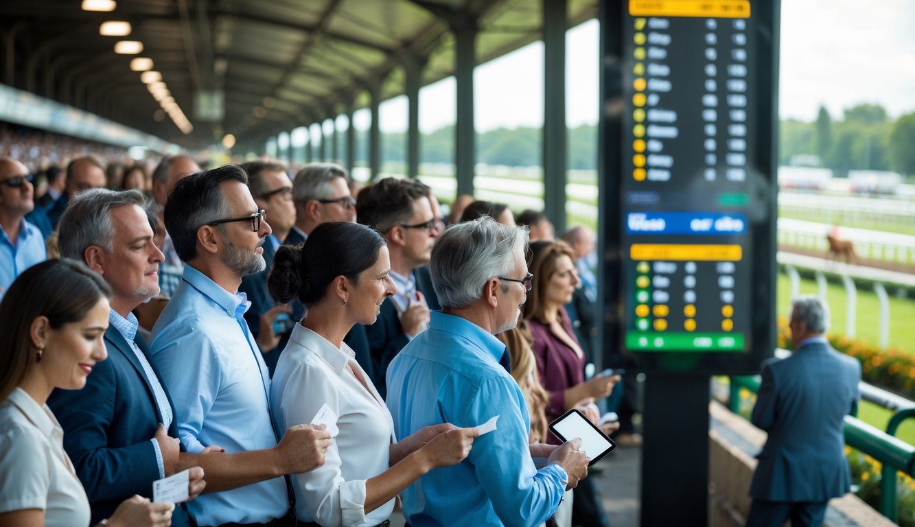 Orang-orang sedang memperhatikan papan taruhan balap kuda di arena balap dengan latar belakang kuda dan joki yang sedang berlomba.