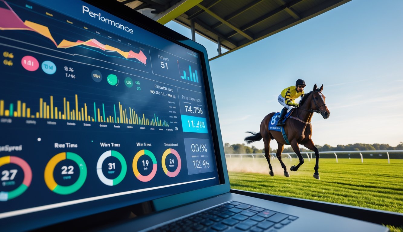 Layar digital menampilkan grafik statistik performa kuda pacu dengan seekor kuda sedang berlari di lintasan pacu di latar belakang.