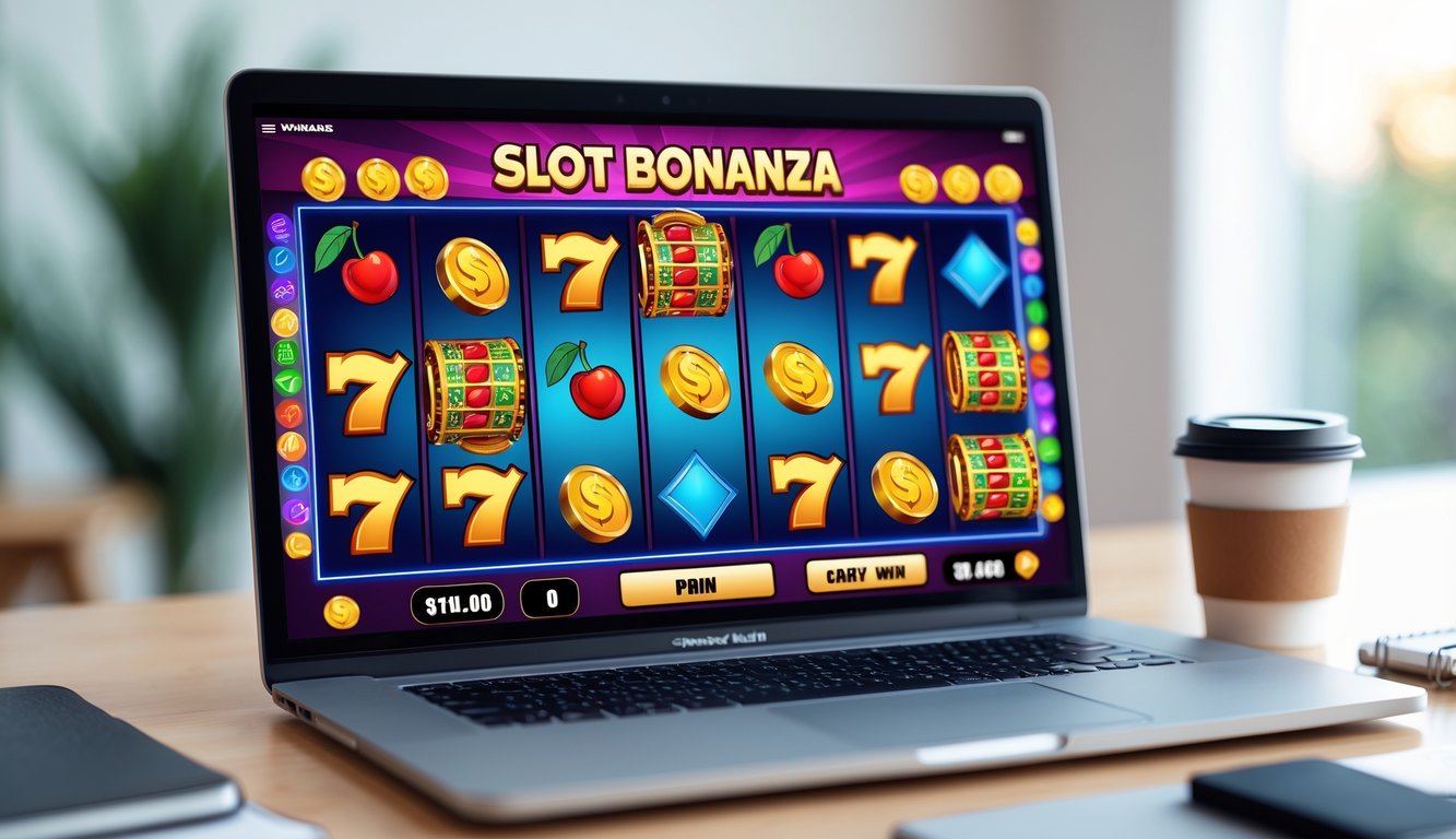 Layar komputer menampilkan permainan mesin slot online dengan simbol warna-warni di lingkungan rumah yang nyaman.