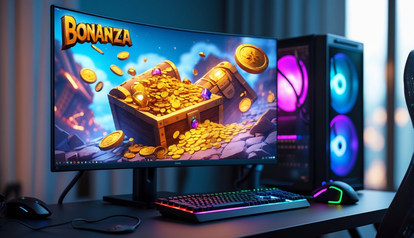 Sebuah meja komputer modern dengan monitor menampilkan permainan Bonanza lengkap dengan koin emas dan peti harta karun, dilengkapi dengan aksesori gaming di sekitarnya.