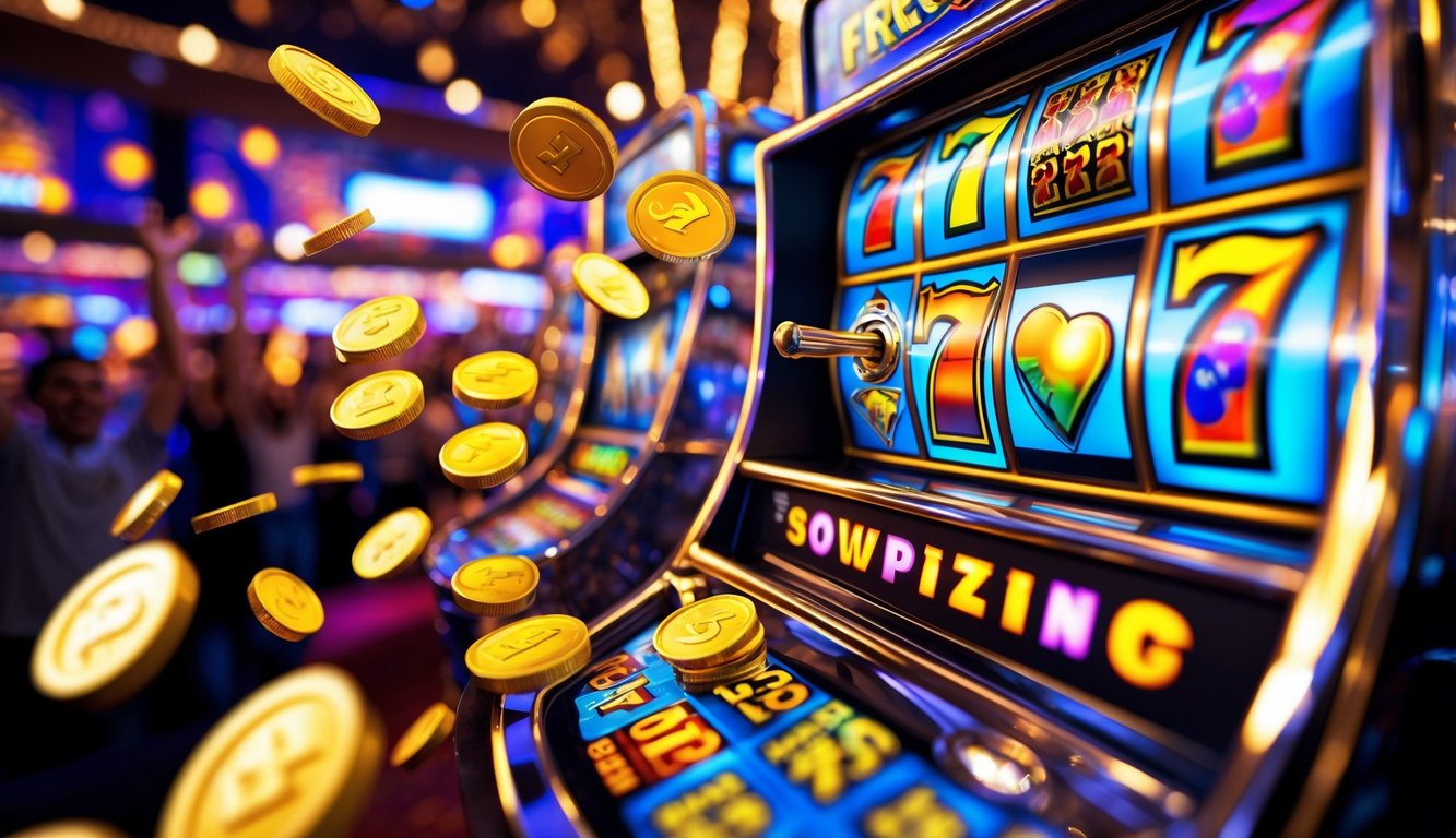 Mesin slot berwarna-warni dengan koin berkilauan terbang di udara, menunjukkan suasana kemenangan di kasino.