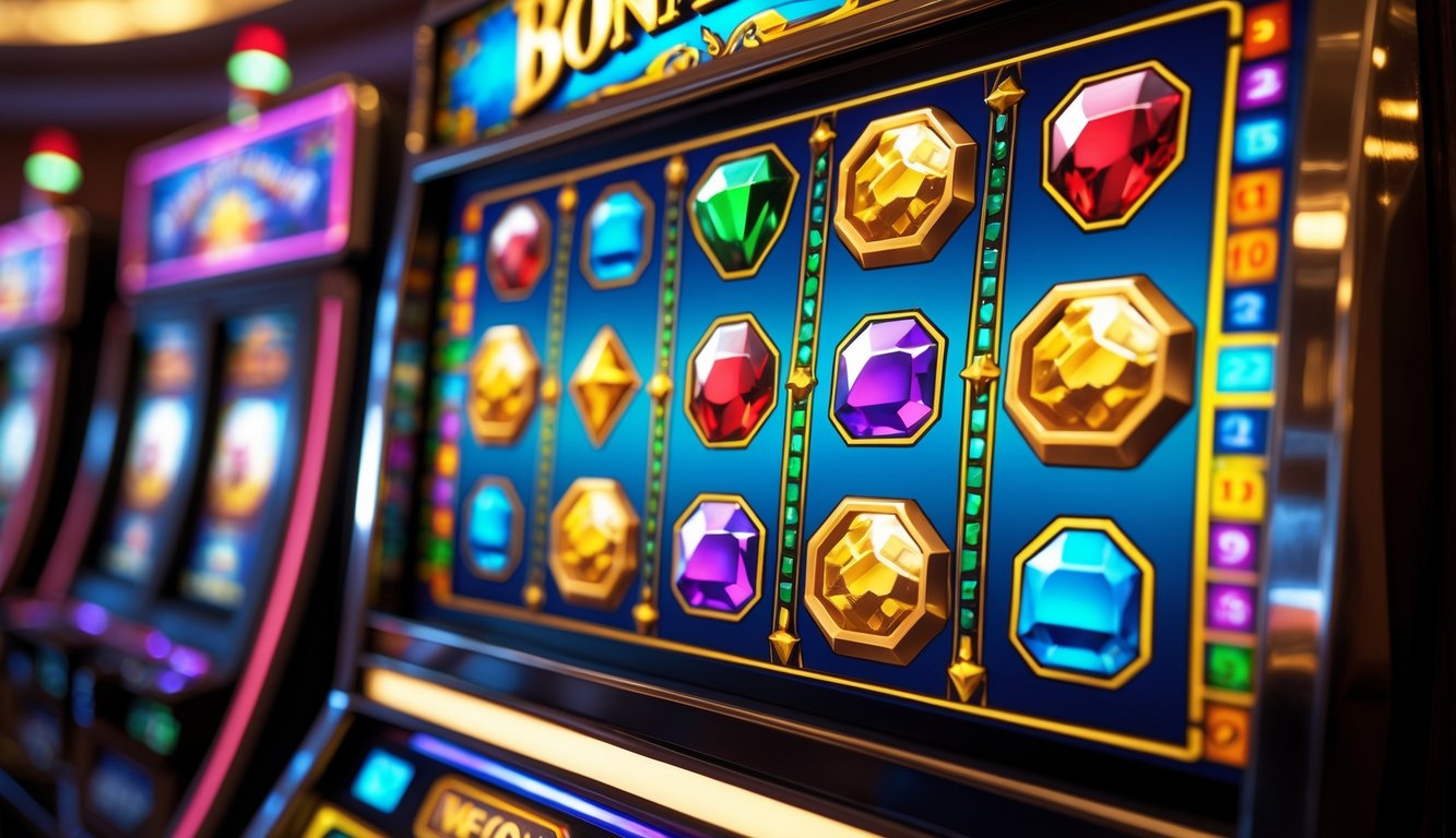 Tampilan pola permainan mesin slot Bonanza dengan simbol warna-warni dan gulungan yang sedang berputar.