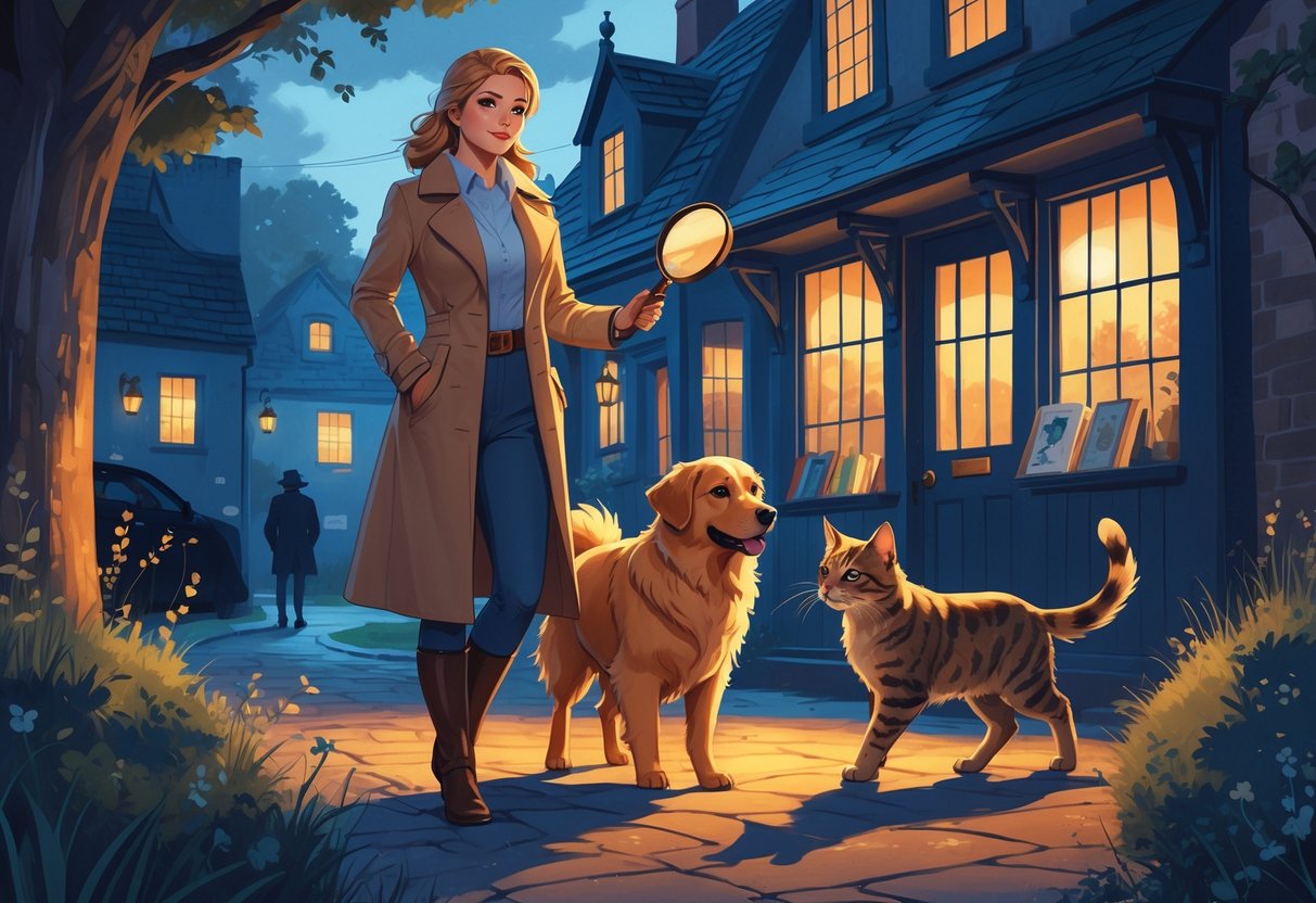A woman detective with a dog and a cat standing in front of a cozy bookshop in a small village at dusk.