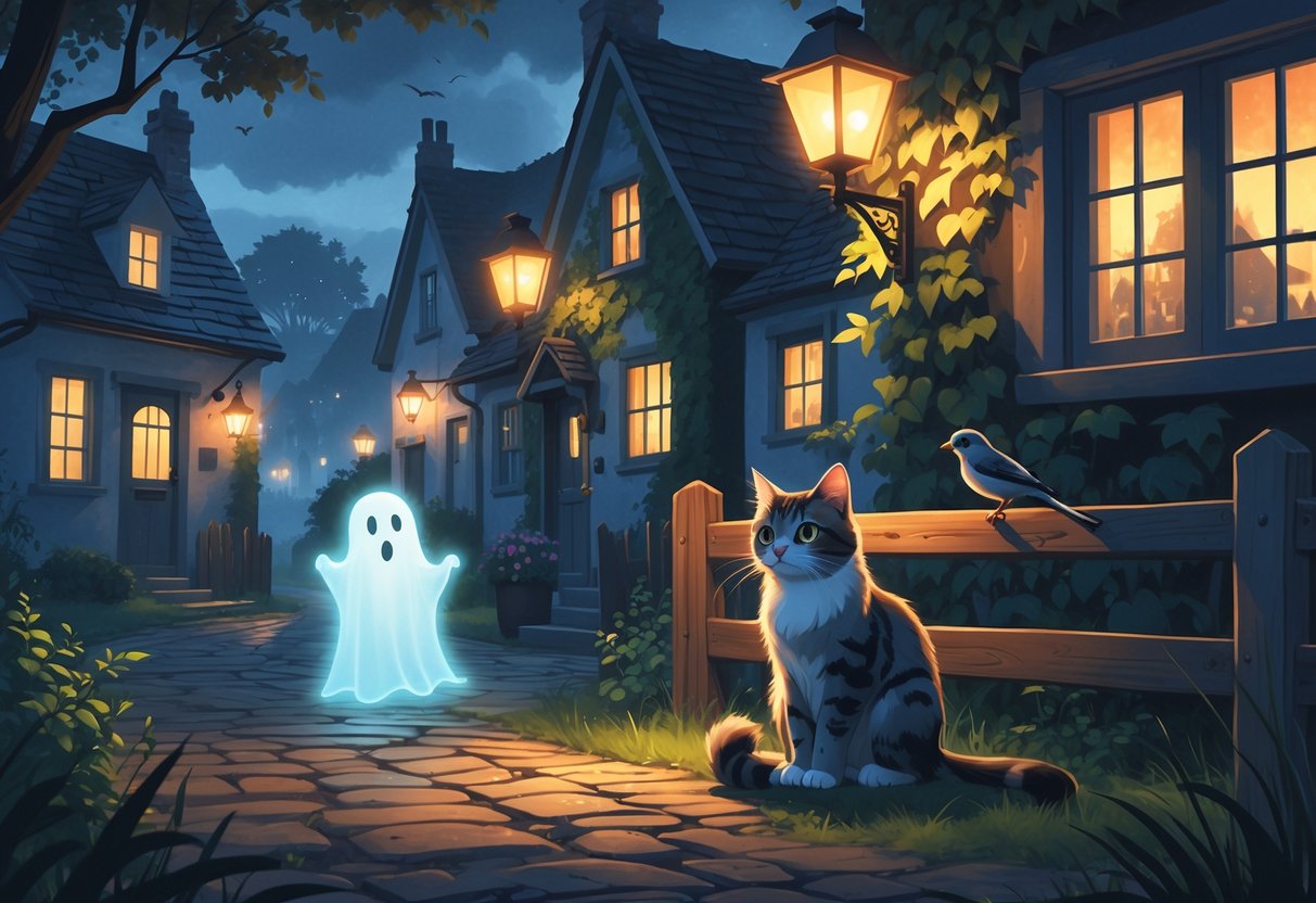 A cat sits next to a faint ghost figure on a cobblestone street at twilight, with a wagtail bird perched nearby and cozy cottages in the background.