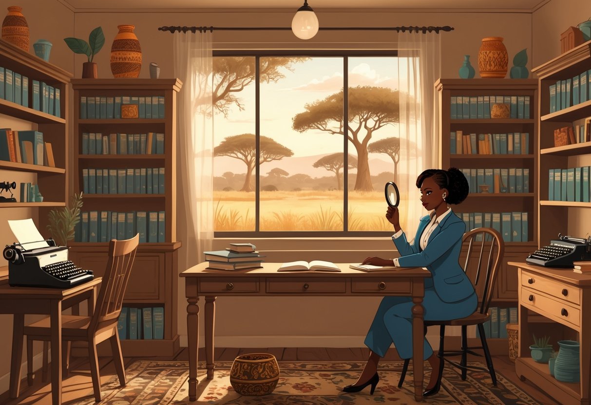 A woman detective sits at a desk in a cozy office decorated with African-inspired items, looking thoughtfully at clues with a peaceful outdoor landscape visible through the window.