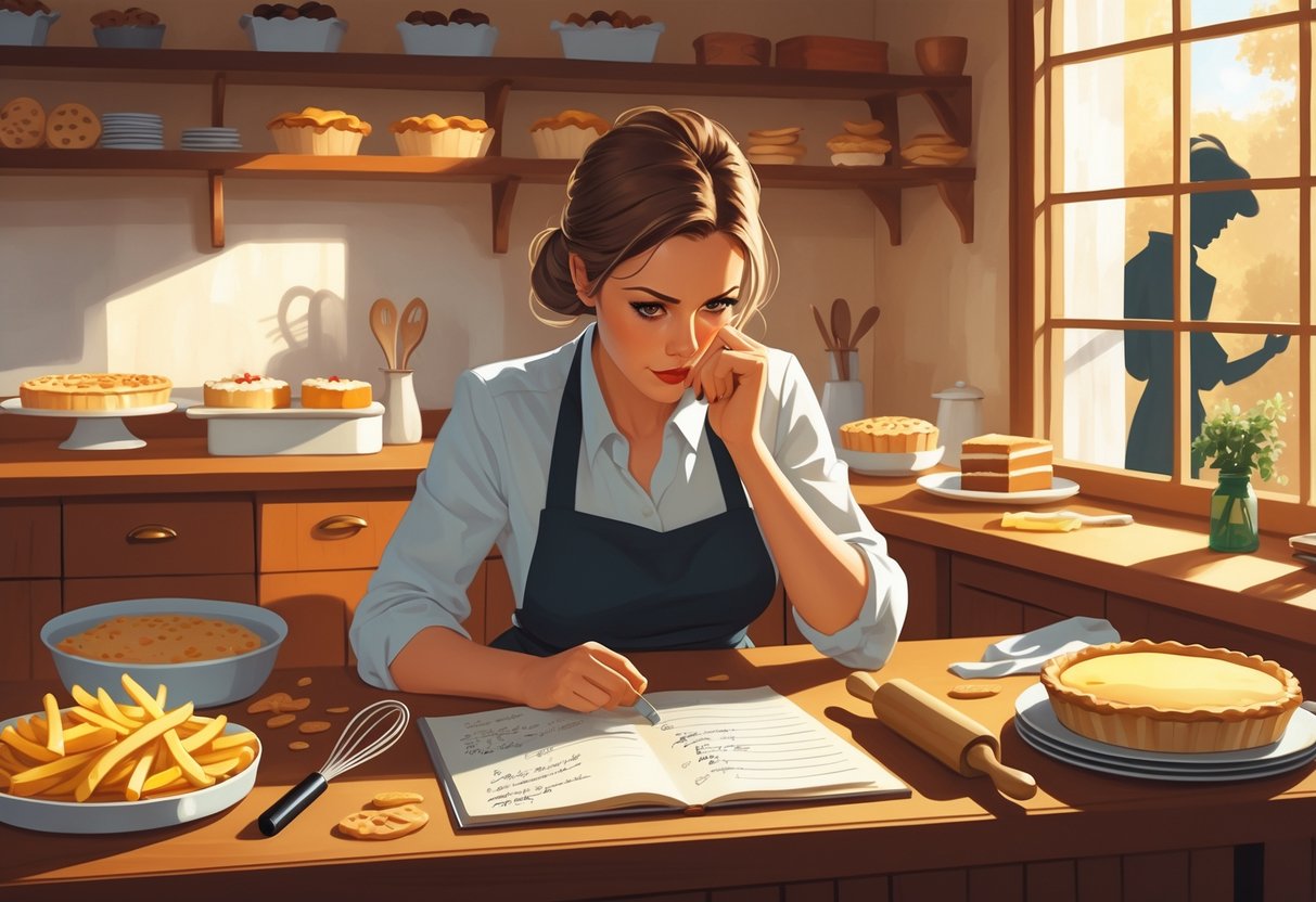 A woman in a kitchen investigates clues on a table surrounded by baking tools and a plate of fries, with baked goods on shelves and a shadowy figure outside the window.
