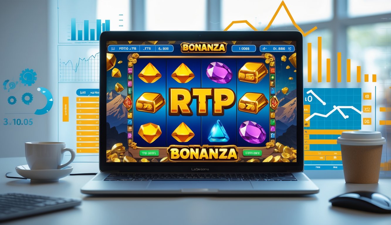 Sebuah ruang kerja modern dengan layar komputer menampilkan grafik permainan slot bertema pertambangan dengan simbol emas dan permata.