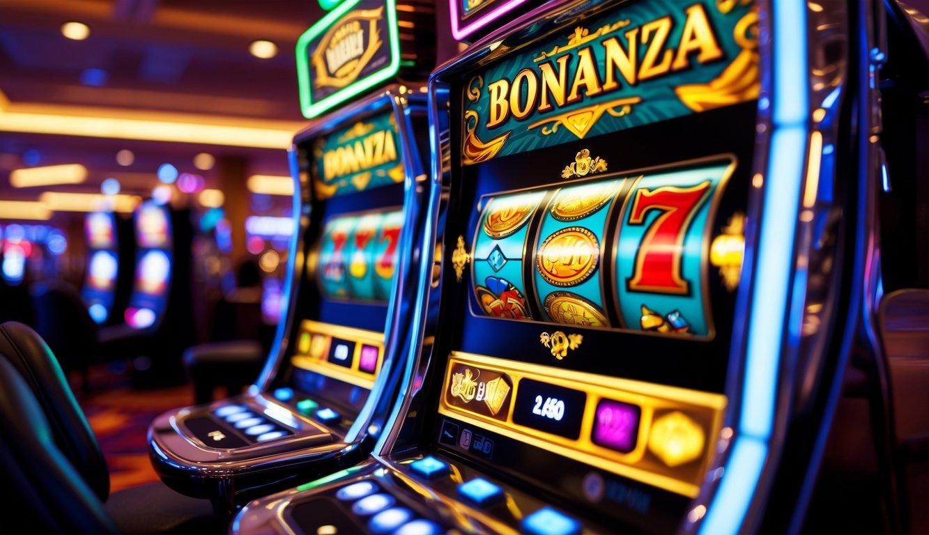 Sebuah mesin slot kasino dengan simbol permata dan koin emas yang berputar di dalam ruangan kasino yang mewah.